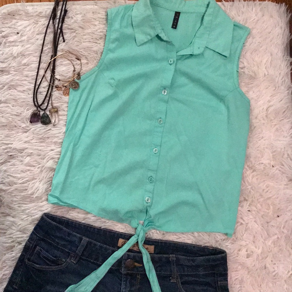 Mint Button Down Tank with Front Tie